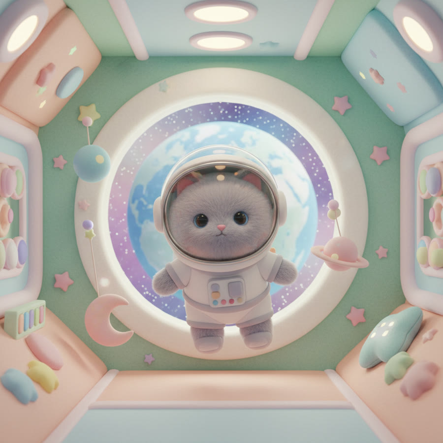 Nano Banana: Soft 3D: a fluffy grey cat in a tiny spacesuit floats in a pastel ship cabin, Earth in the porthole
