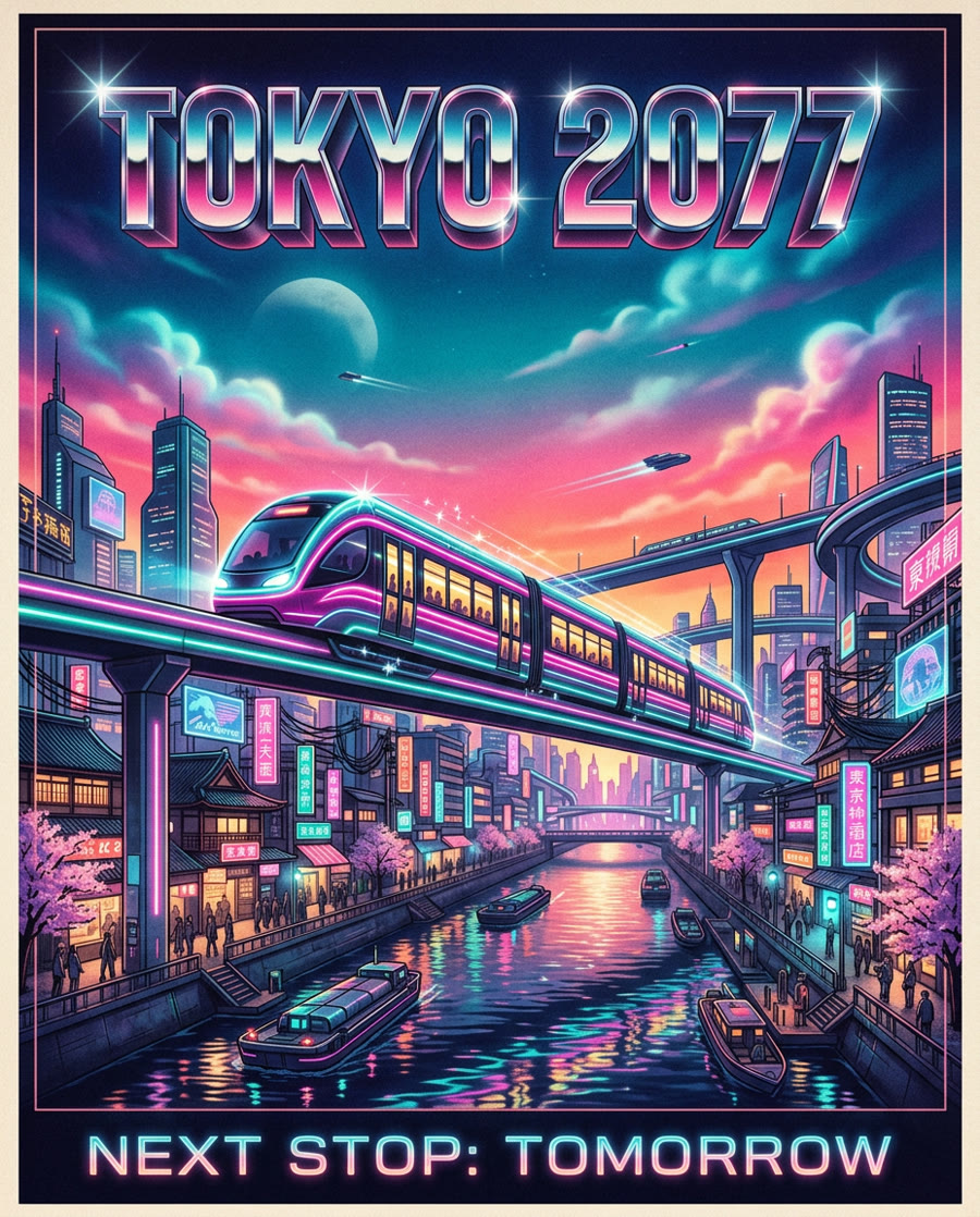 Nano Banana 2.1: Retro-futuristic travel poster: chrome TOKYO 2077 title, a neon tram over a canal at night, 80s airbrush