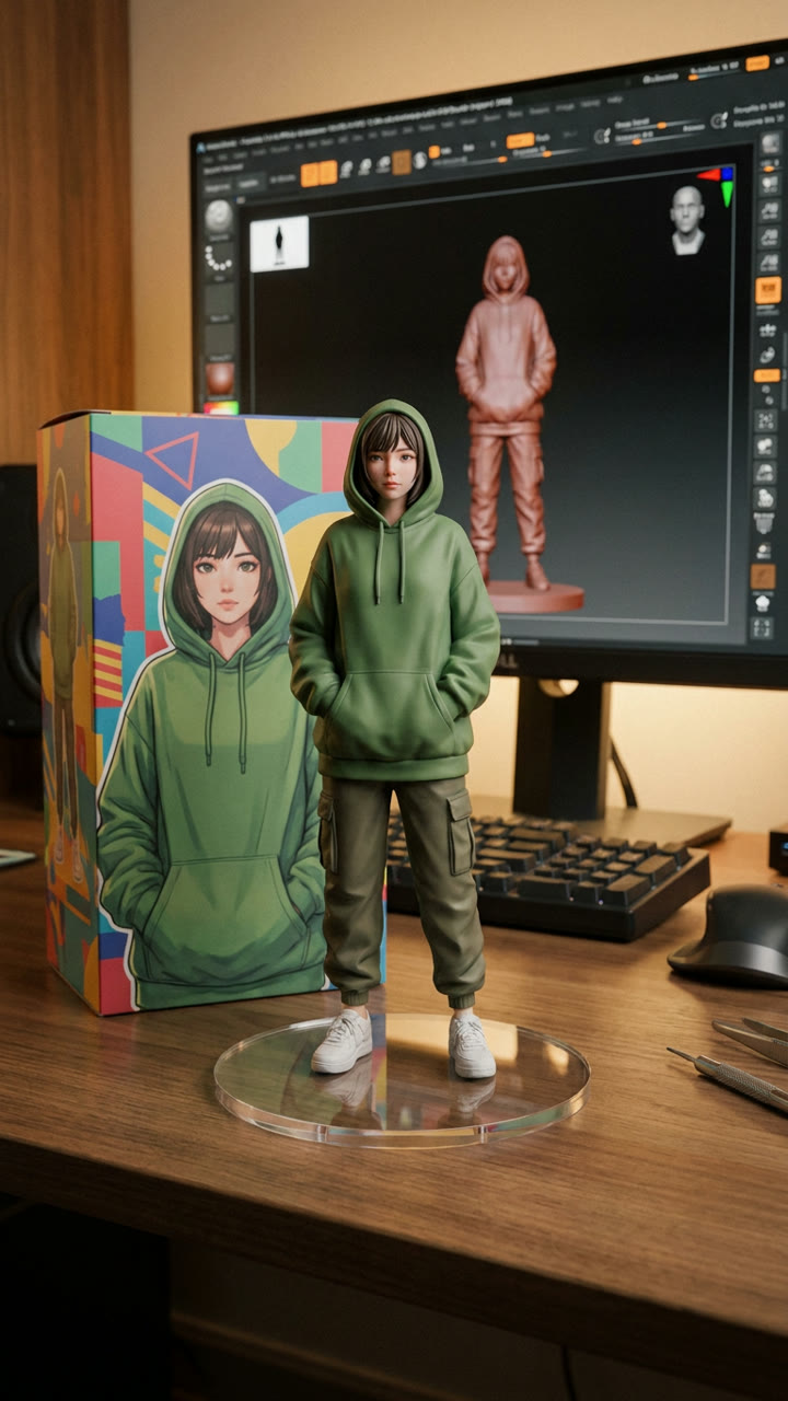 Nano Banana Pro: A 1/7 collectible figurine of a girl in a green hoodie on a clear base on a desk, her illustrated toy box behind, the 3D model on the monitor